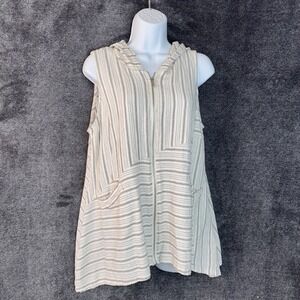 For Cynthia Hooded Top Cover-Up Women's Med Sleeveless Pockets Zip Linen Blend